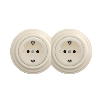 Reblig - Prise murale double rétro avec cadre SCHUKO 230V beige