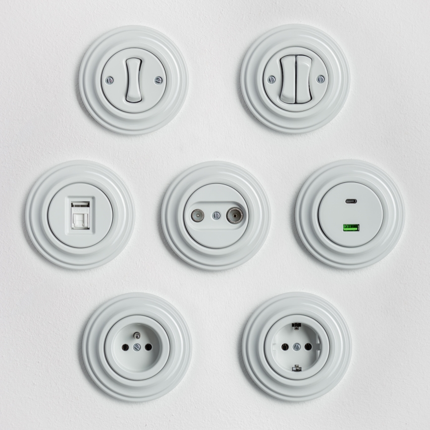 Reblig - Prise murale rétro avec cadre SCHUKO 230 V/16 A en céramique blanche