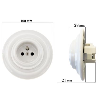 Reblig - Prise murale rétro en porcelaine avec cadre 250V/16A blanche