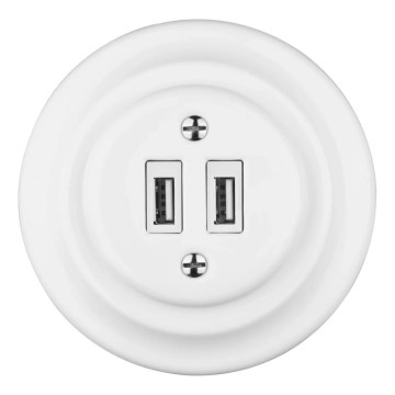Reblig - Prise murale rétro en porcelaine avec cadre, 2x USB-A, blanche