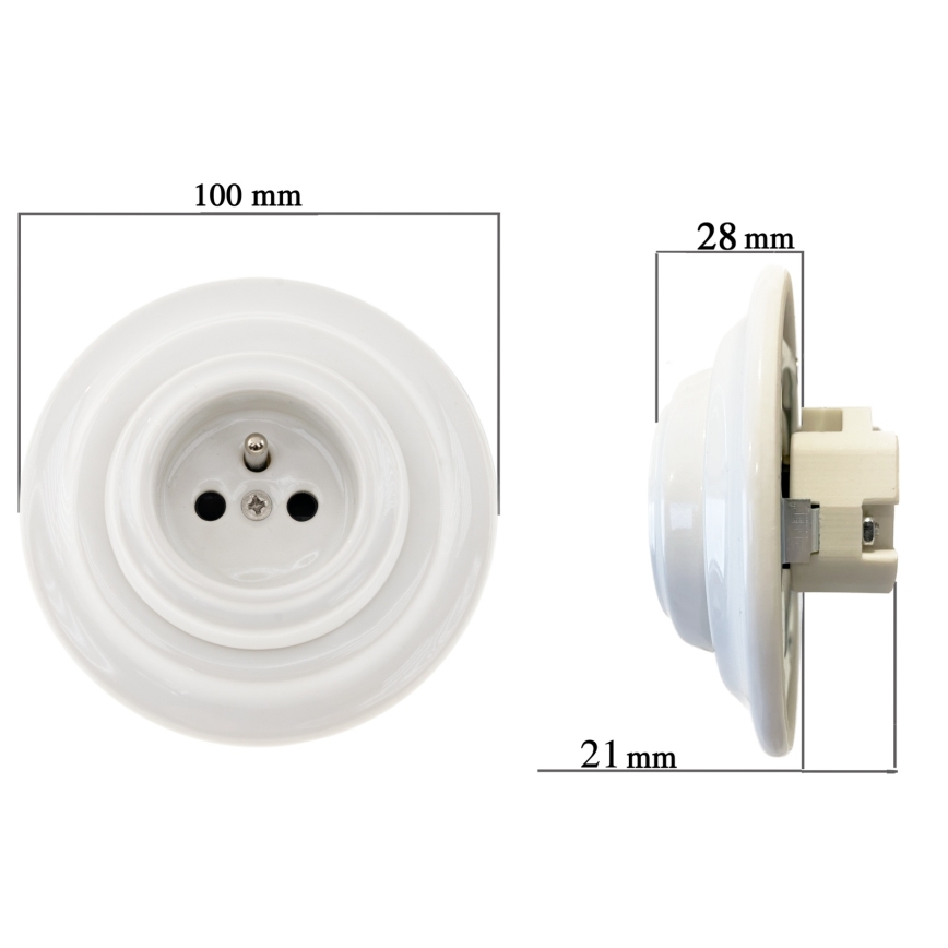 Reblig - Prise murale rétro en porcelaine avec cadre SCHUKO 250V/16A blanche