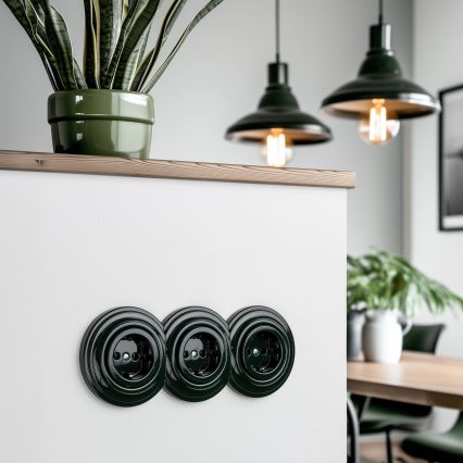 Reblig - Prise murale rétro triple avec cadre SCHUKO 230 V, verte