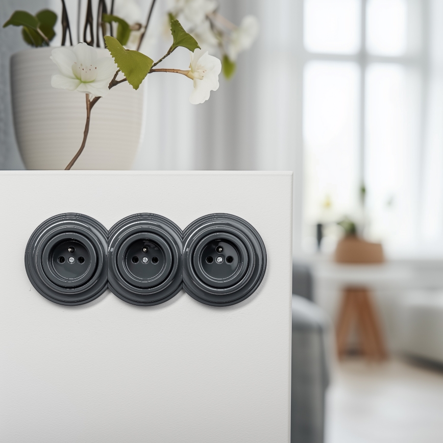 Reblig - Prise murale triple au style rétro avec cadre, 230V, finition anthracite