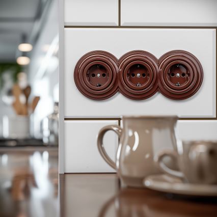 Reblig - Prise murale triple au style rétro avec cadre SCHUKO 230V marron