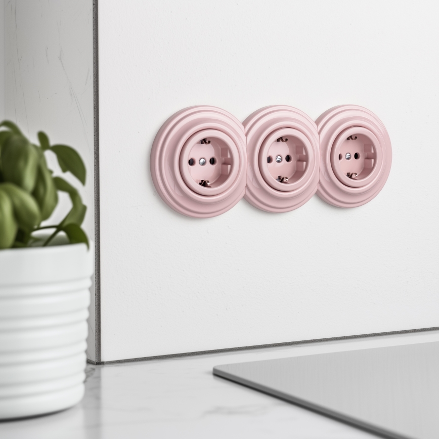 Reblig - Prise murale triple rétro avec cadre SCHUKO 230 V, coloris rose poudré