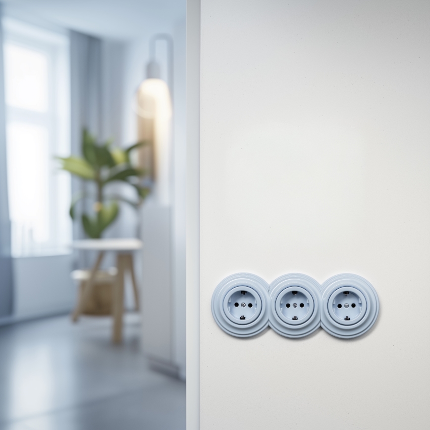 Reblig - Prise murale triple rétro avec cadre SCHUKO 230V bleue