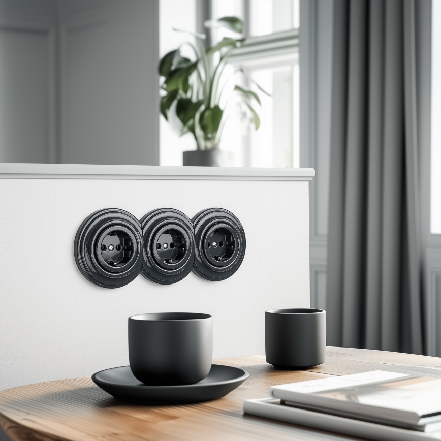 Reblig - Prise murale triple rétro avec plaque de finition, Schuko 230 V, anthracite