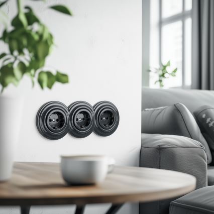 Reblig - Prise murale triple rétro avec plaque de finition, Schuko 230 V, anthracite