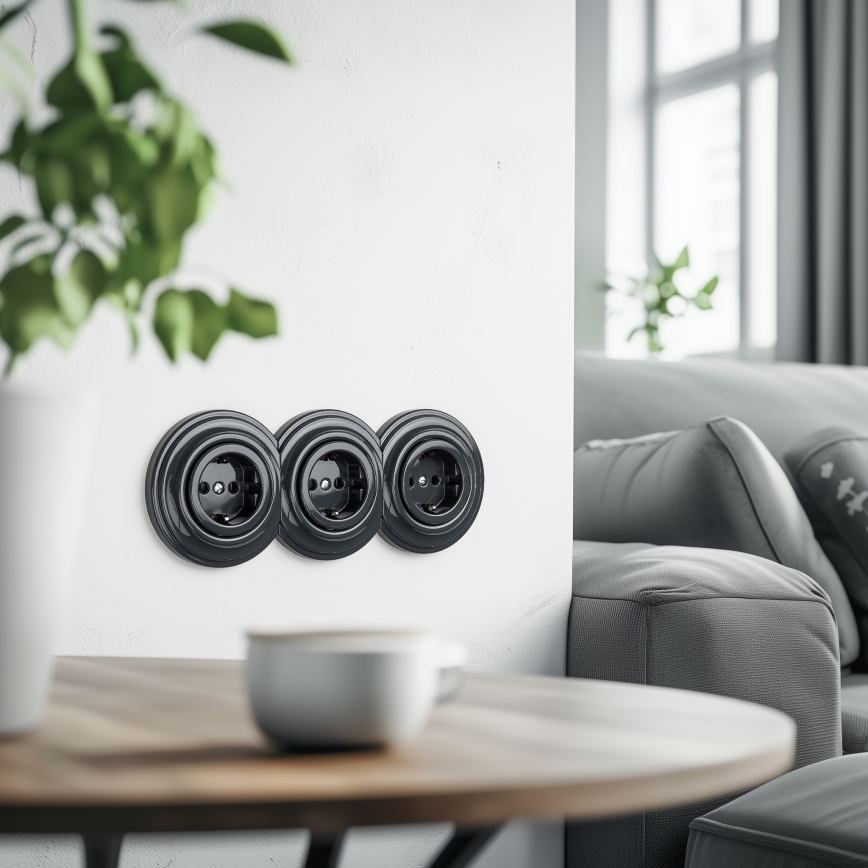 Reblig - Prise murale triple rétro avec plaque de finition, Schuko 230 V, anthracite