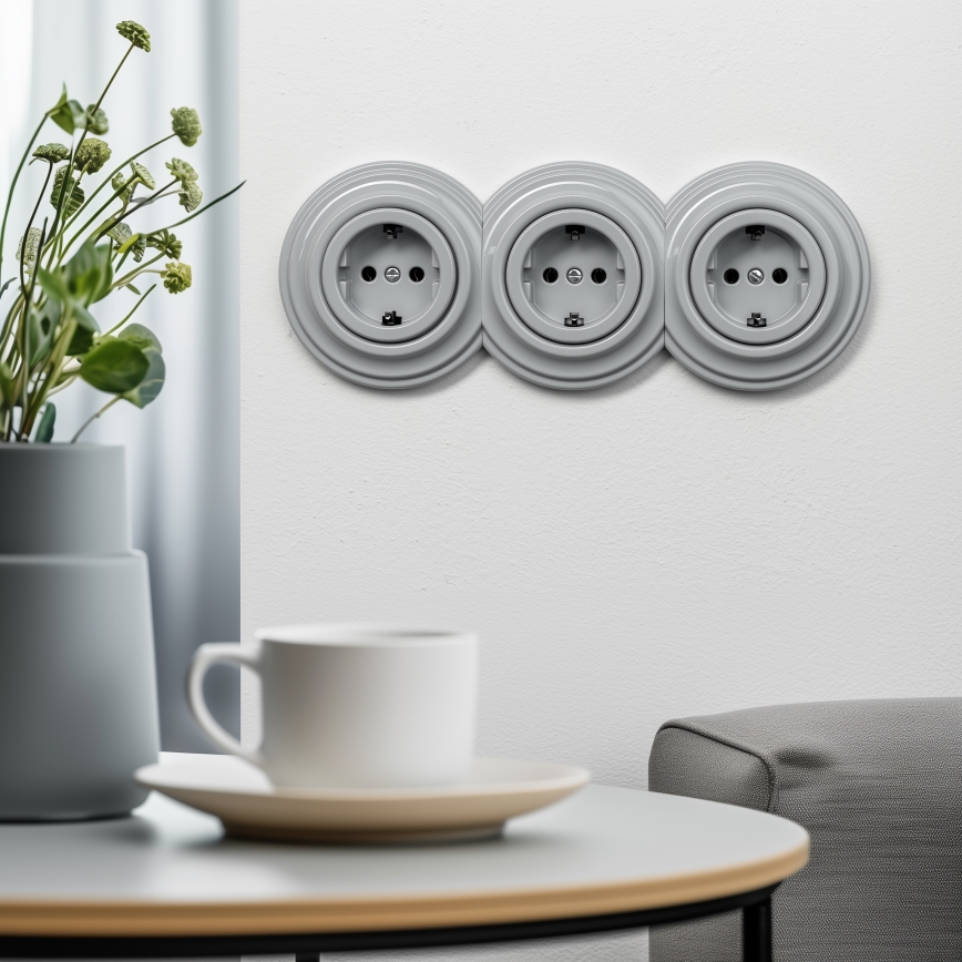 Reblig - Prise rétro domestique sans cadre SCHUKO 230V/16A gris
