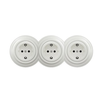 Reblig - Prise triple murale rétro avec cadre SCHUKO 230 V, céramique blanche