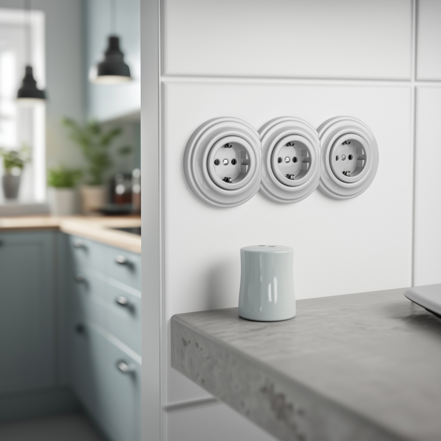 Reblig - Prise triple murale rétro avec cadre SCHUKO 230 V, céramique blanche