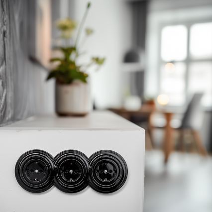 Reblig - Prise triple rétro domestique avec cadre SCHUKO 230 V, noire