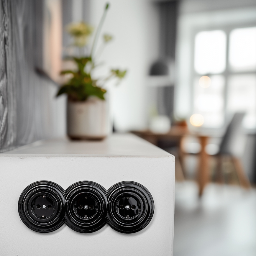 Reblig - Prise triple rétro domestique avec cadre SCHUKO 230 V, noire