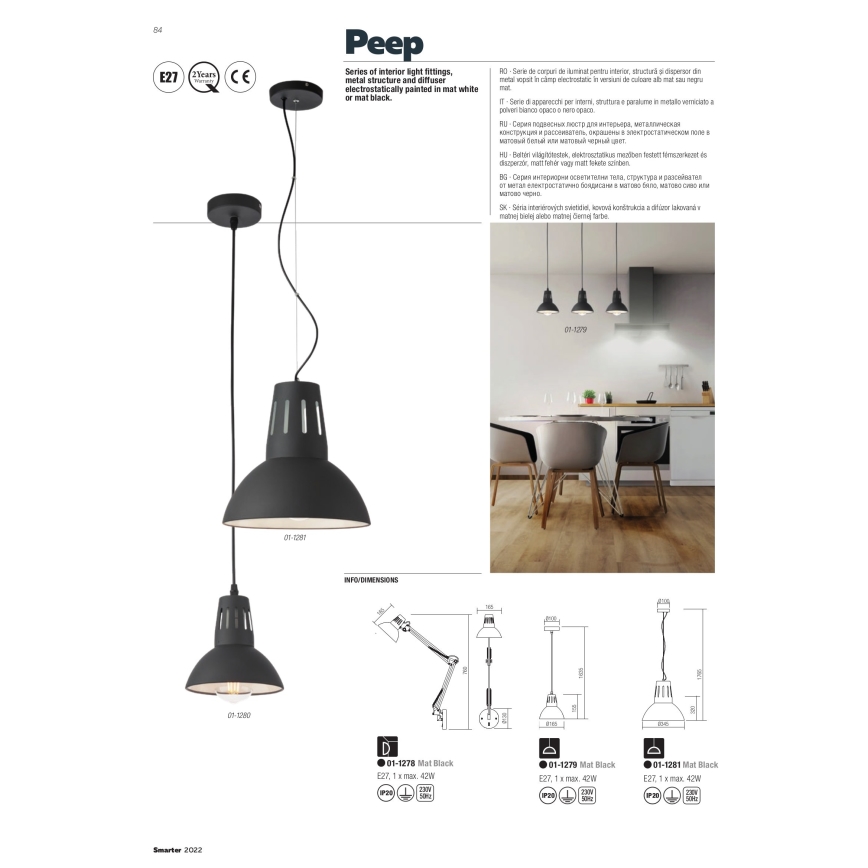 Redo 01-1279 - Suspension sur câble PEEP 1xE27/42W/230V Ø 16,5 cm noire