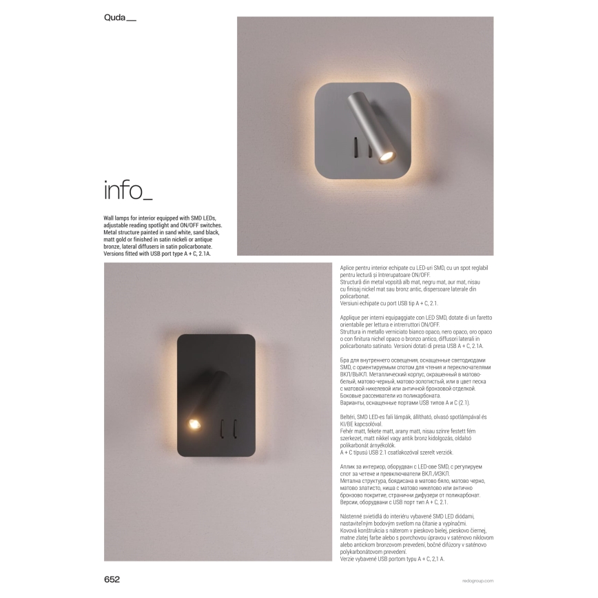 Redo 01-1492 - Applique murale LED QUDA LED/6W/230V + LED/3W IRC 90 noire