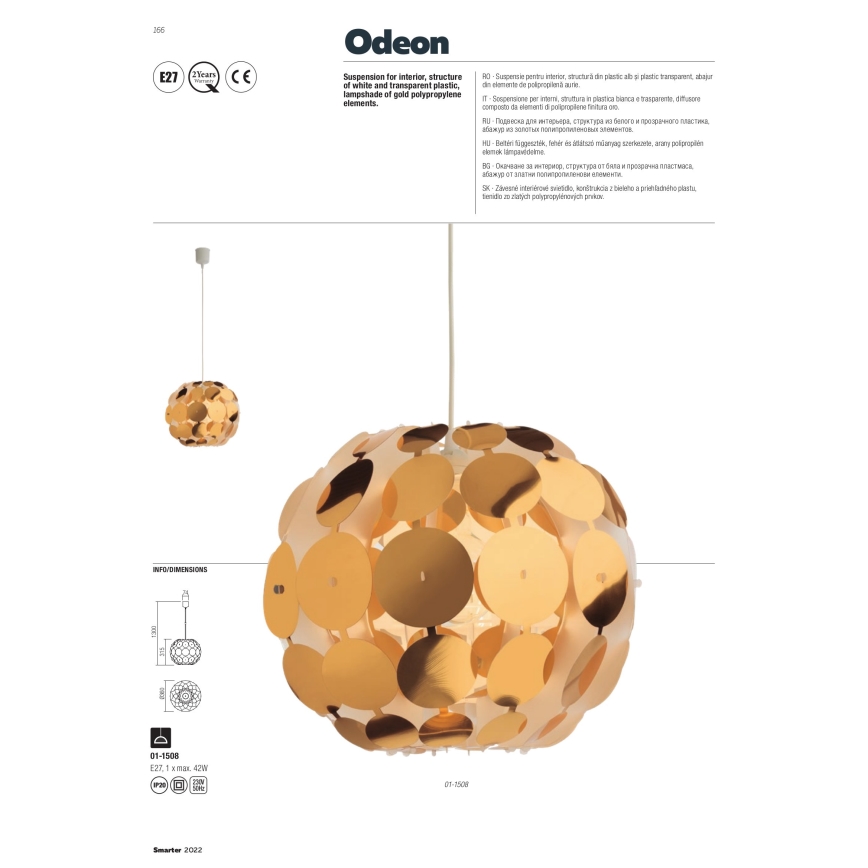 Redo 01-1508 - Suspension filaire ODEON 1xE27/42W/230V d. 36 cm doré