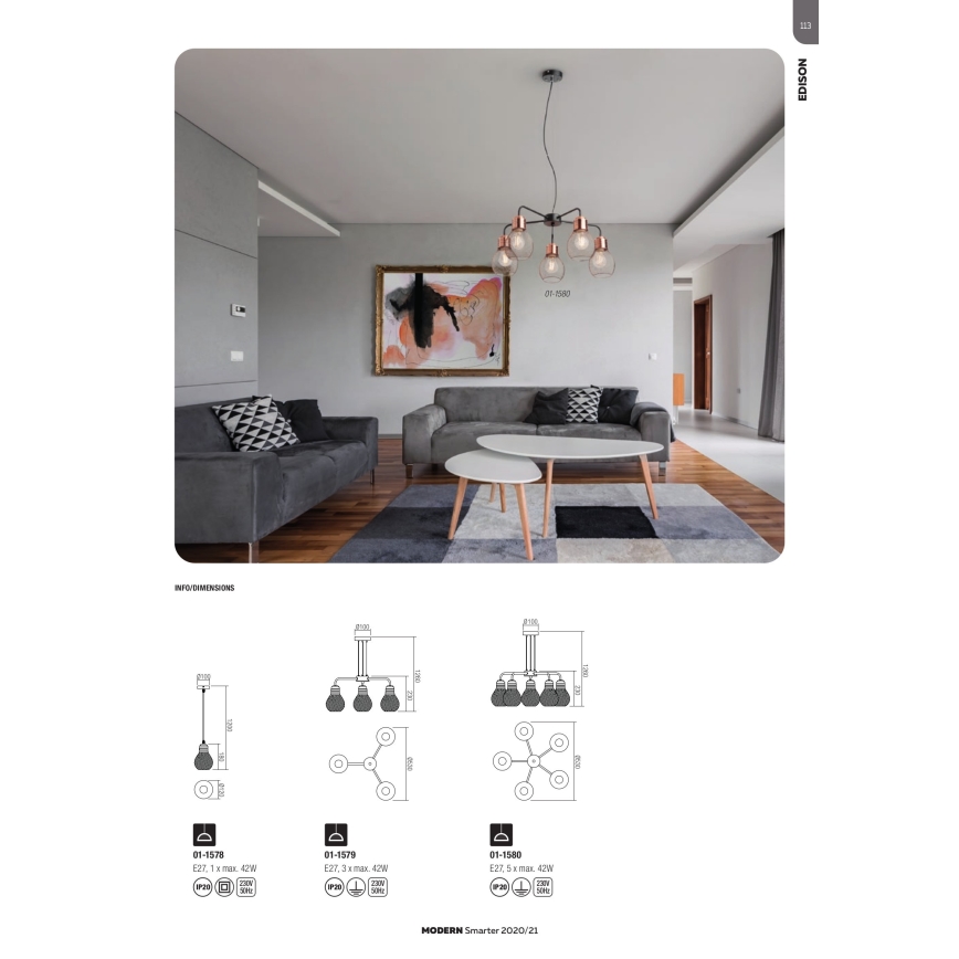 Redo 01-1579 - Suspension sur câble EDISON 3xE27/42W/230V Ø 53 cm noir/cuivré