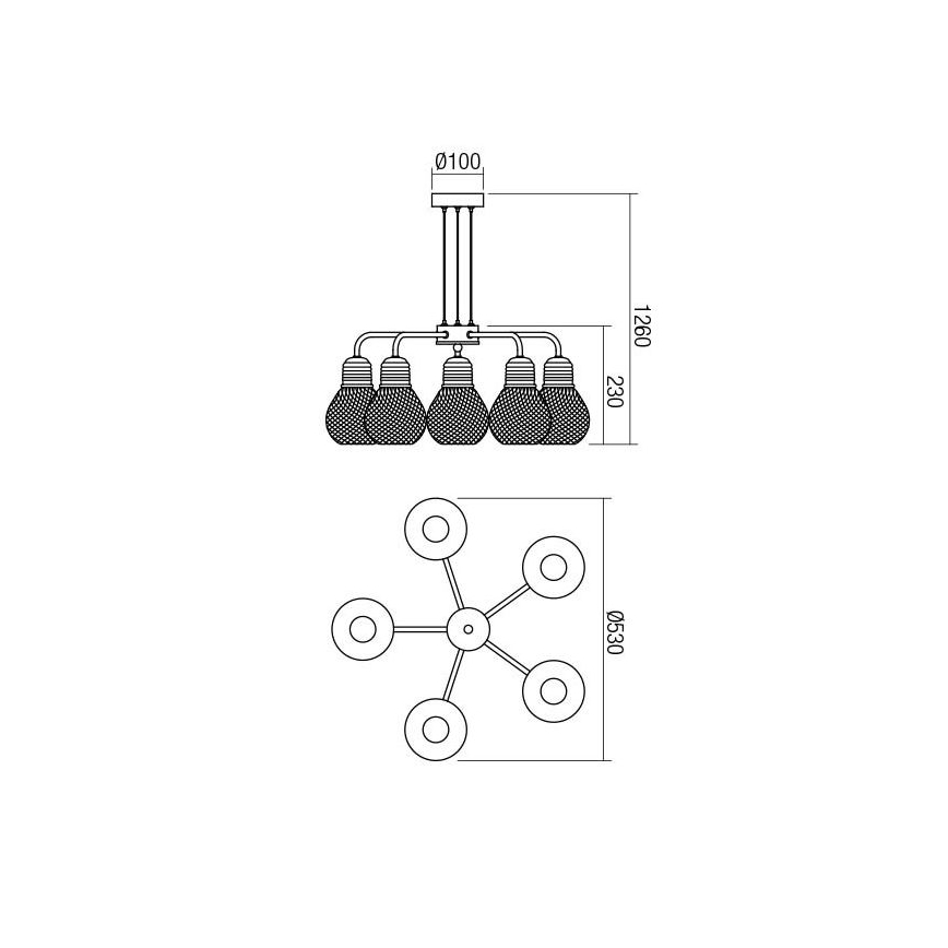Redo 01-1580 - Suspension sur câble EDISON 5xE27/42W/230V Ø 53 cm noir/cuivré