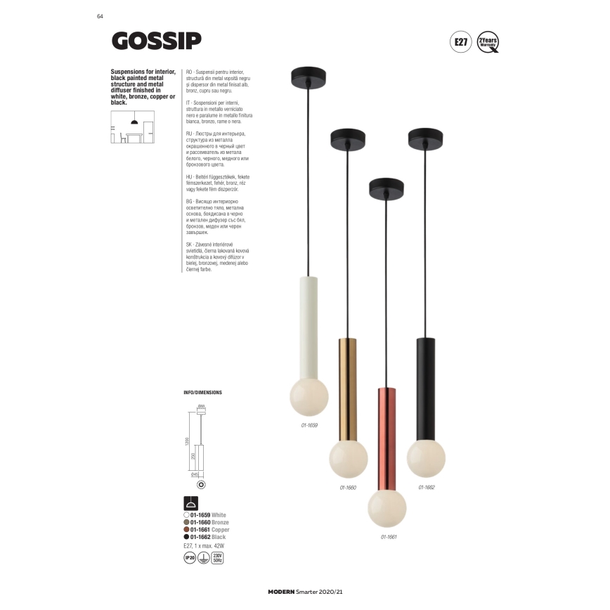 Redo 01-1661 - Suspension filaire GOSSIP 1xE27/42W/230V cuivre