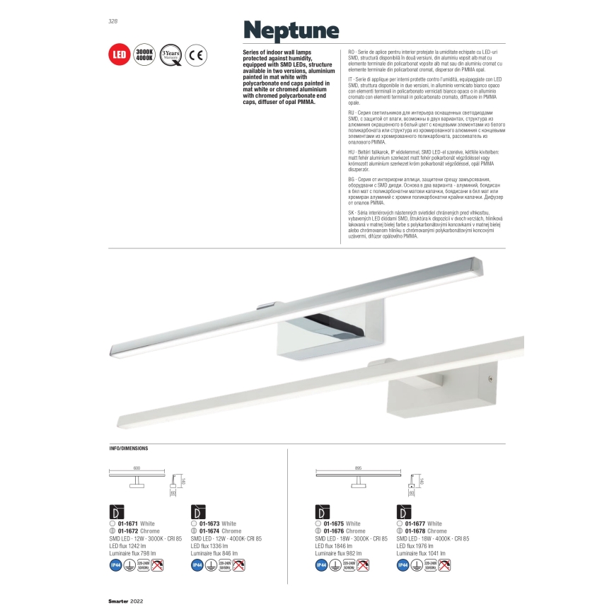 Redo 01-1673 - Éclairage LED pour miroir de salle de bains NEPTUNE LED/12W/230V 60 cm IP44 blanc