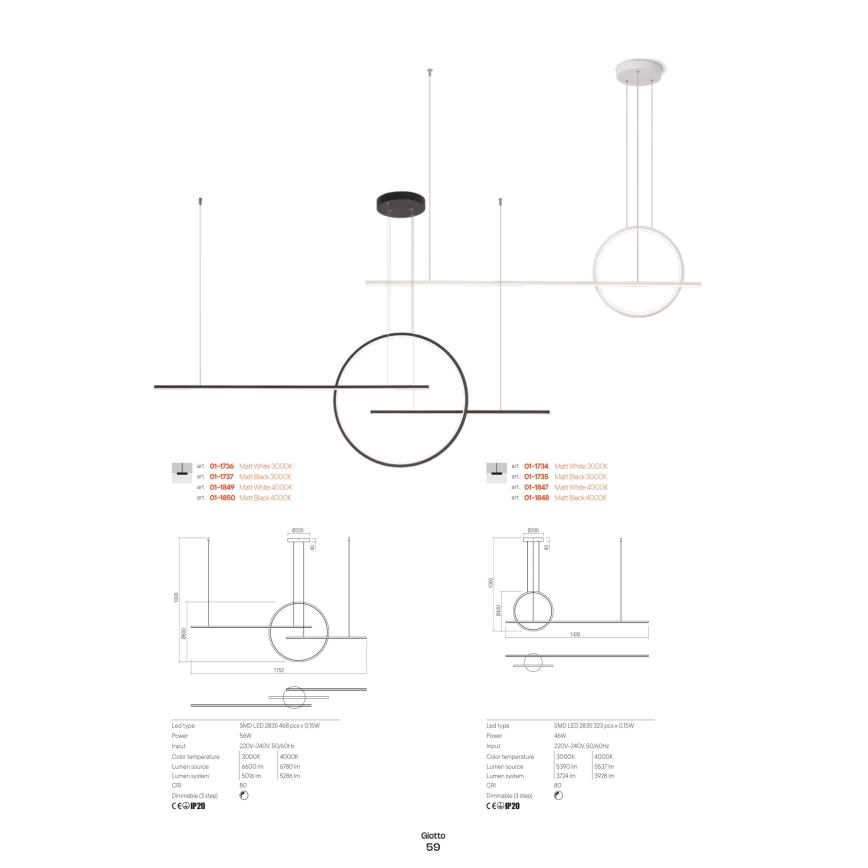 Redo 01-1734 - Suspension filaire à intensité variable LED GIOTTO LED/46W/230V blanc
