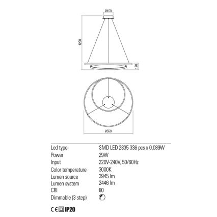 Redo 01-1793 - Suspension filaire à intensité variable TORSION LED/29W/230V d. 55 cm blanc