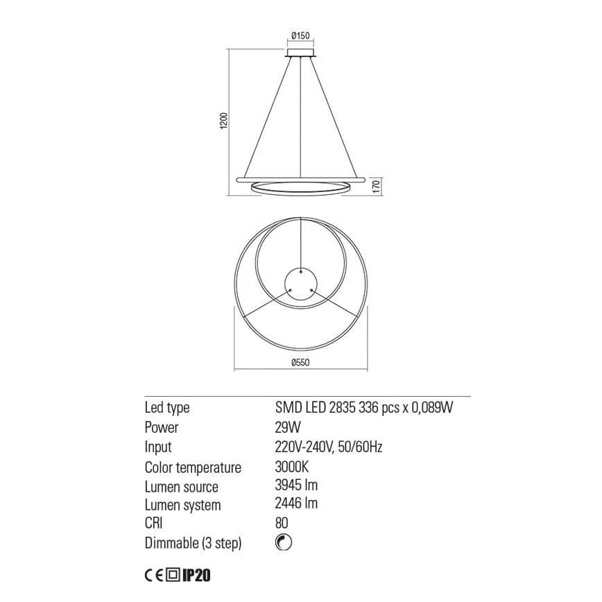 Redo 01-1793 - Suspension filaire à intensité variable TORSION LED/29W/230V d. 55 cm blanc