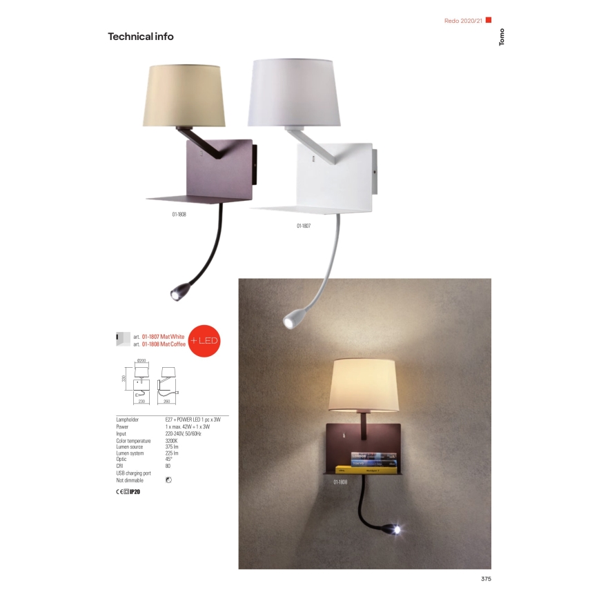 Redo 01-1807 - LED Applique murale avec une petite lampe flexible TOMO 1xE27/42W/230V + LED/3W/230V blanc