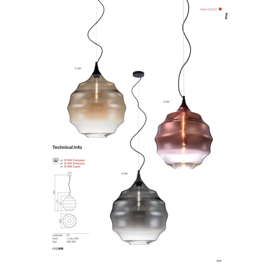 Redo 01-1844 - Suspension filaire SLAG 1xE27/42W/230V d. 40 cm beige