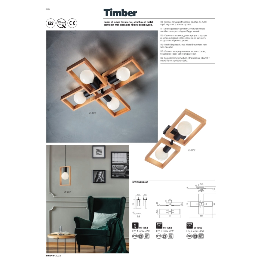 Redo 01-1968 - Plafonnier TIMBER 2xE27/42W/230V hêtre