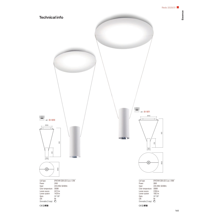 Redo 01-1970 - Suspension filaire à intensité variable ESSENCE LED/24W/230V CRI 90 3000K blanc