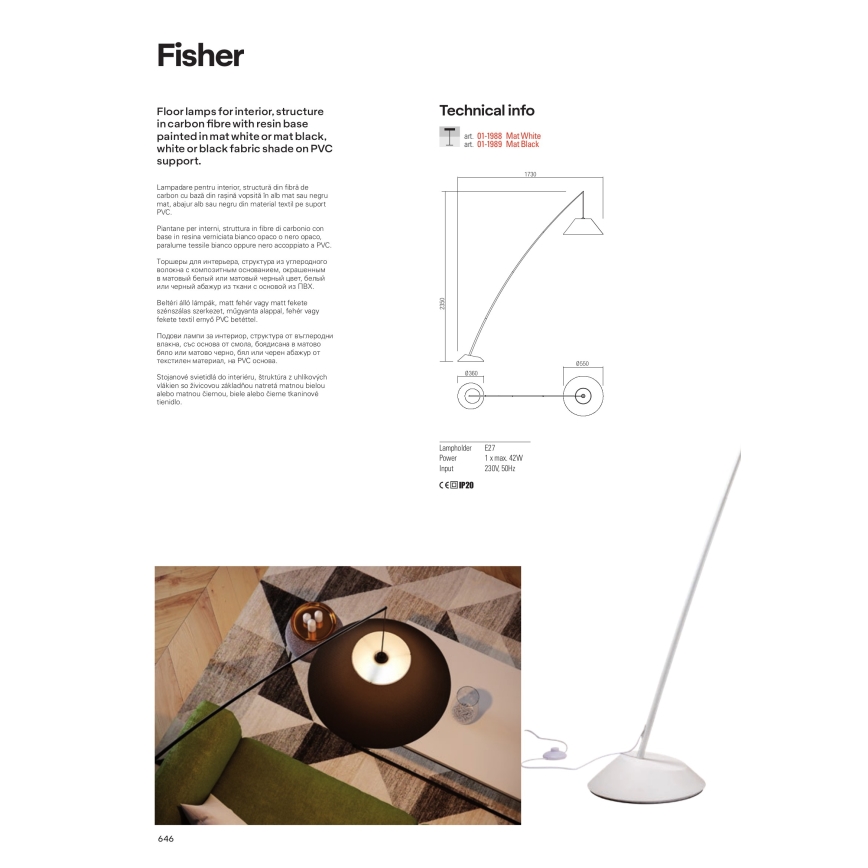Redo 01-1988 - Lampadaire FISHER 1xE27/42W/230V, blanc