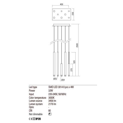 Redo 01-2046 - Suspension filaire MADISON 8xLED/4W/230V doré