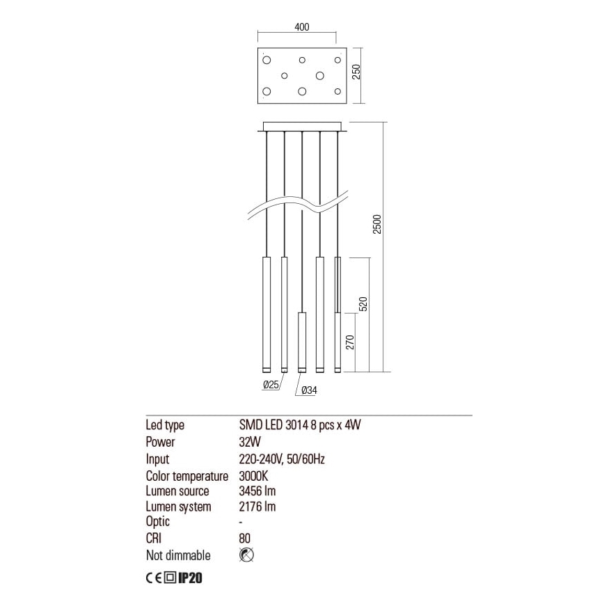 Redo 01-2048 - Suspension filaire MADISON 8xLED/4W/230V noir