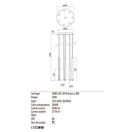 Redo 01-2050 - Suspension filaire MADISON 8xLED/4W/230V doré