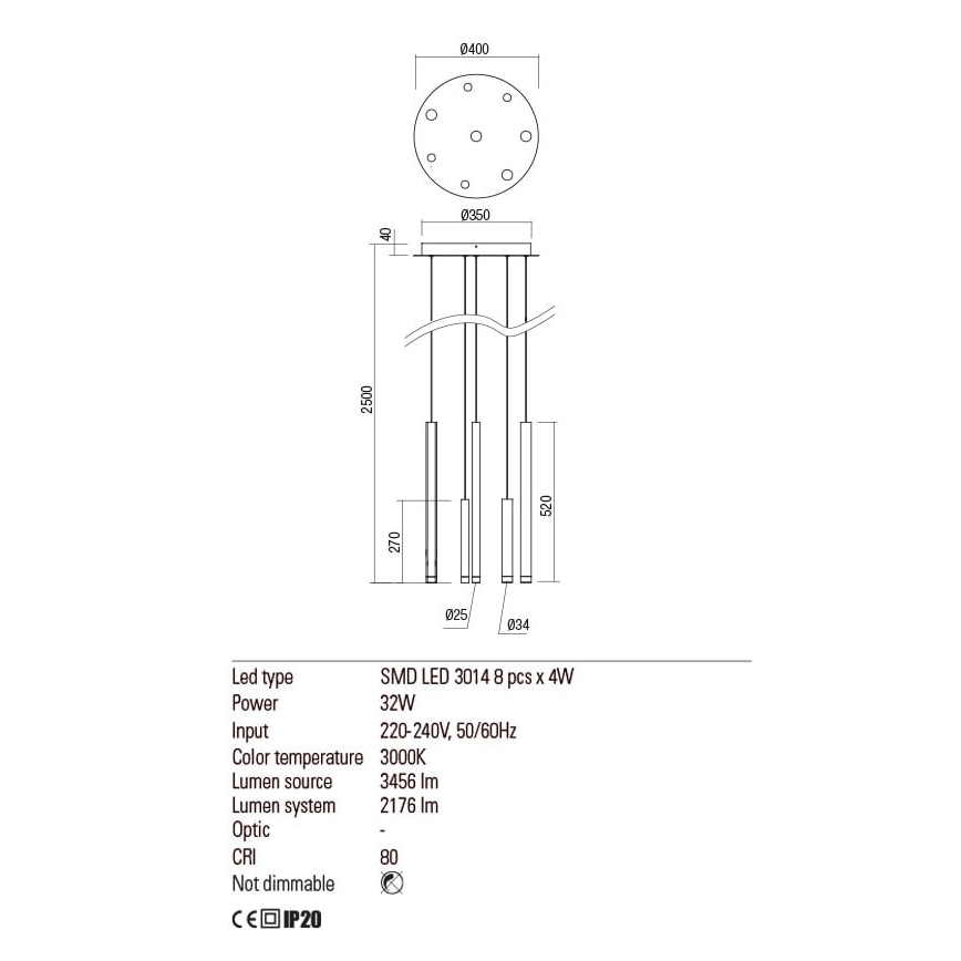Redo 01-2050 - Suspension filaire MADISON 8xLED/4W/230V doré