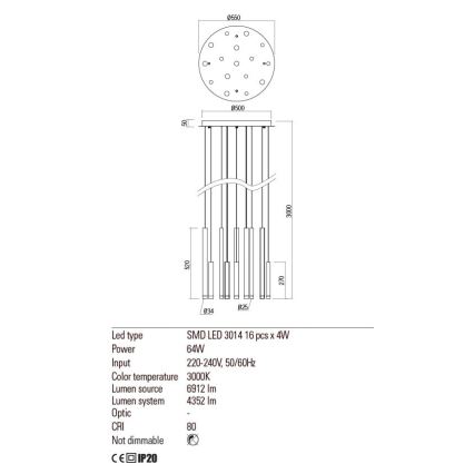 Redo 01-2058 - Suspension filaire MADISON 16xLED/4W/230V doré