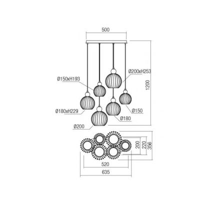 Redo 01-2070 - Suspension filaire PLUMEN 6xE14/42W/230V cuivre