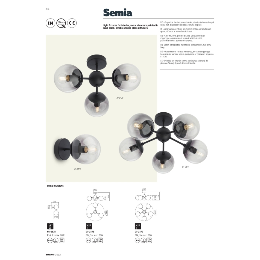 Redo 01-2176 - Lustre sur tige SEMIA 3xE14/28W/230V noir/fumé