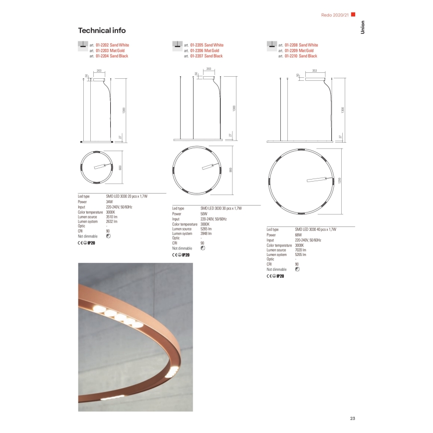 Redo 01-2208 - Suspension filaire UNION LED/68W/230V CRI 90 3000K d. 120 cm blanc