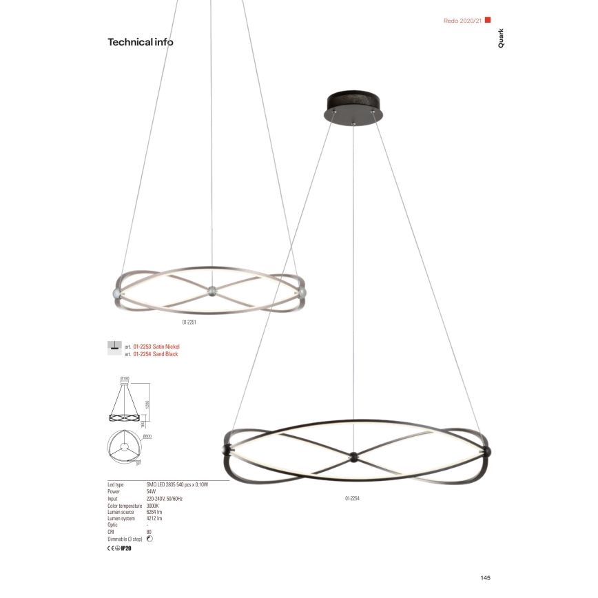Redo 01-2254 - Suspension filaire à intensité variable QUARK LED/54W/230V 3000K d. 80 cm noir