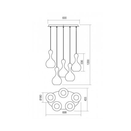 Redo 01-2263 - Suspension filaire LOB 5xE27/42W/230V cuivre