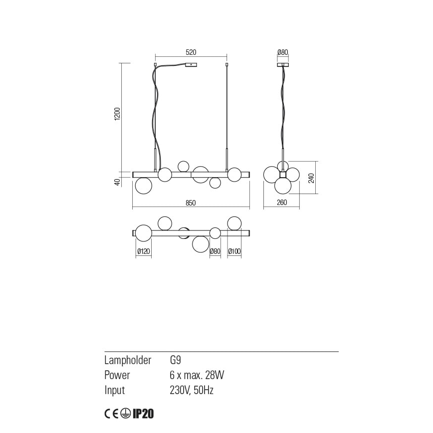 Redo 01-2374 - Suspension filaire GOJI 6xG9/28W/230V doré