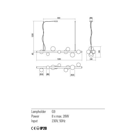 Redo 01-2376 - Suspension filaire GOJI 8xG9/28W/230V doré