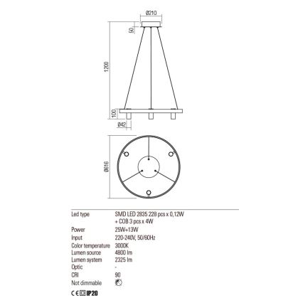 Redo 01-2490 - Suspension filaire SUMMIT LED/38W/230V CRI 90 d. 61,6 cm doré