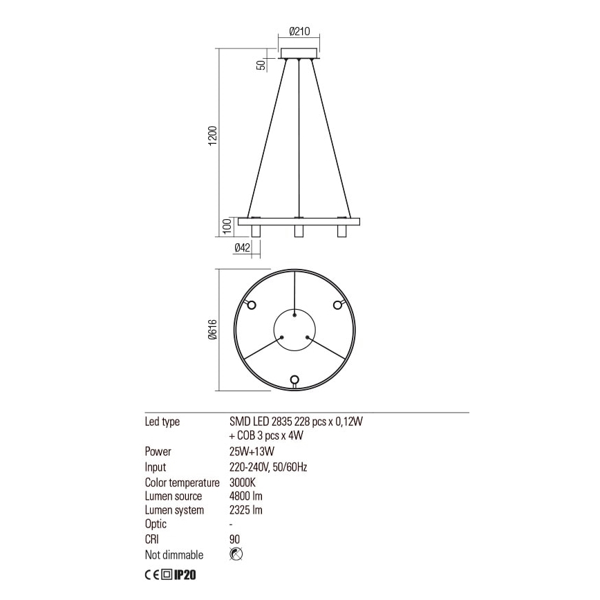 Redo 01-2490 - Suspension filaire SUMMIT LED/38W/230V CRI 90 d. 61,6 cm doré