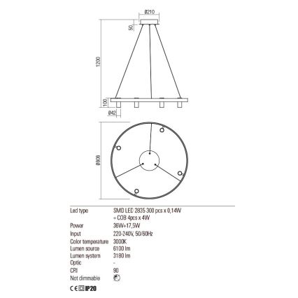 Redo 01-2492 - Suspension filaire SUMMIT LED/53,5W/230V CRI 90 d. 80,8 cm doré