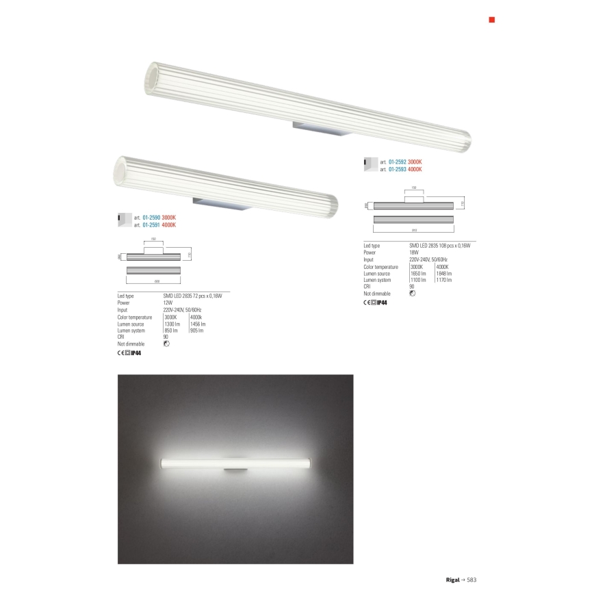 Redo 01-2592 - Éclairage LED pour miroir de salle de bains RIGAL LED/18W/230V 3000K 91 cm IRC 90 IP44 chrome brillant/blanc