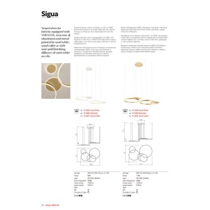 Redo 01-2606 - Suspension filaire à intensité variable SIGUA LED/99W/230V CRI 90 3000K doré